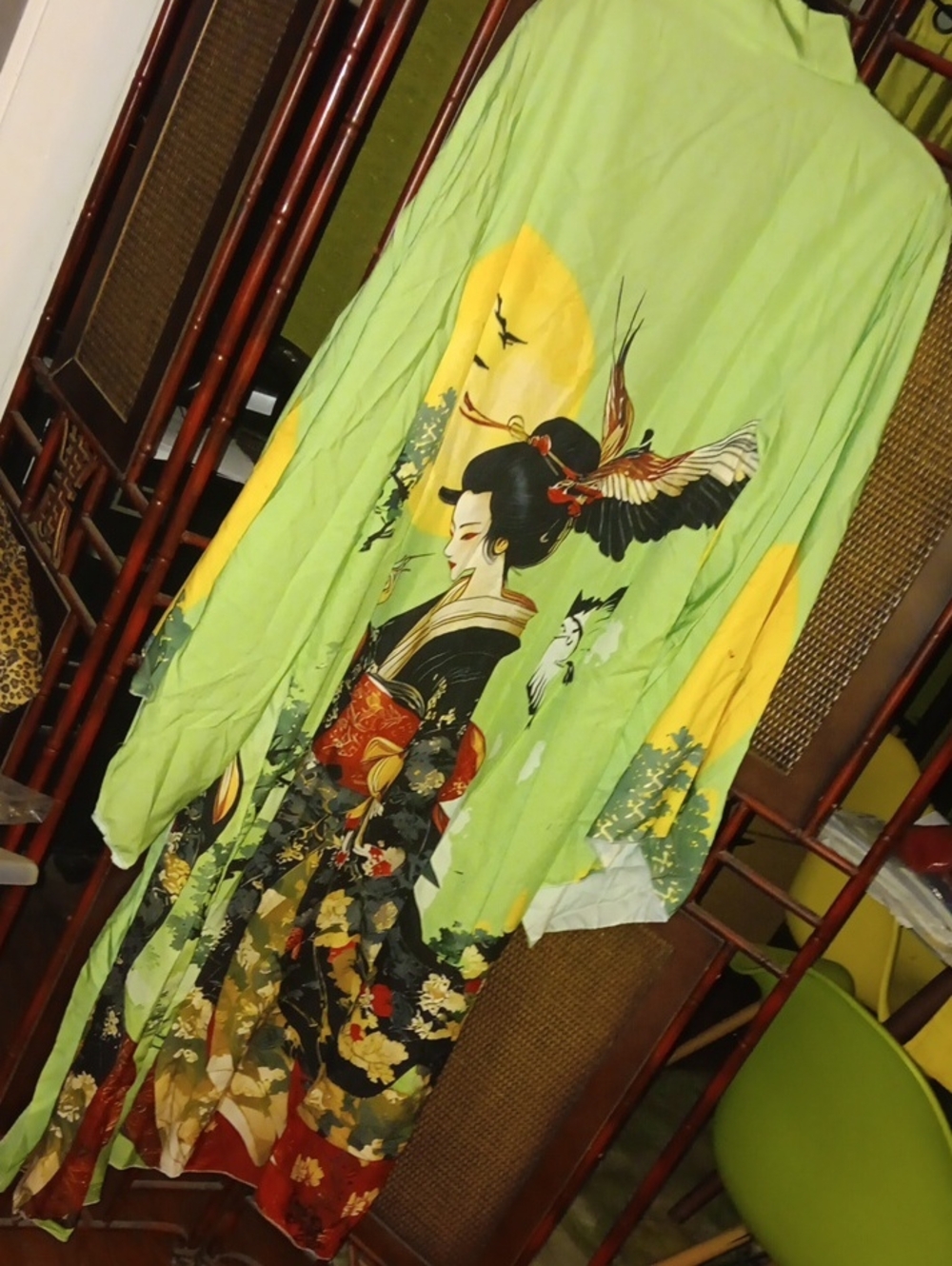 Green Geisha Print long robe